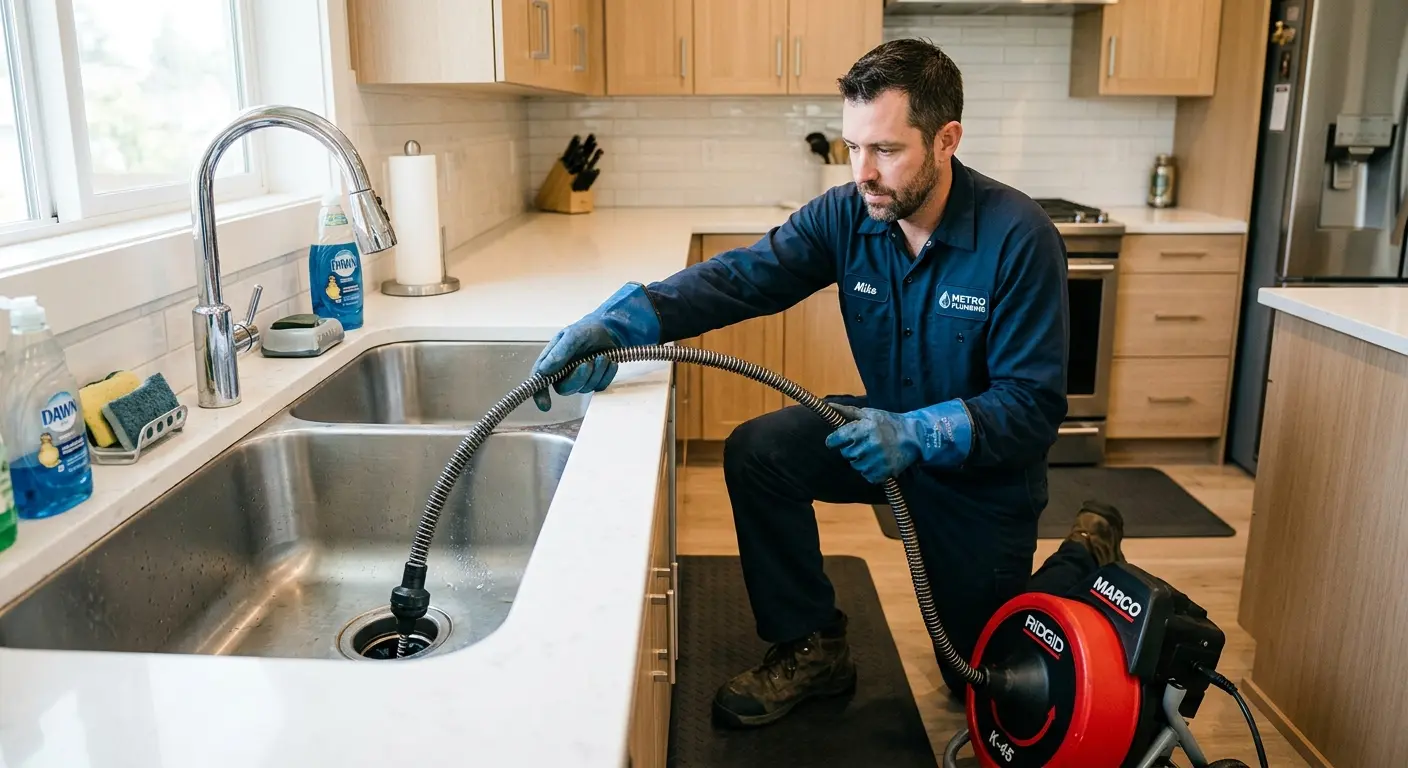 Drain cleaning technician using a motorized snake on a kitchen sink in Sun Lakes