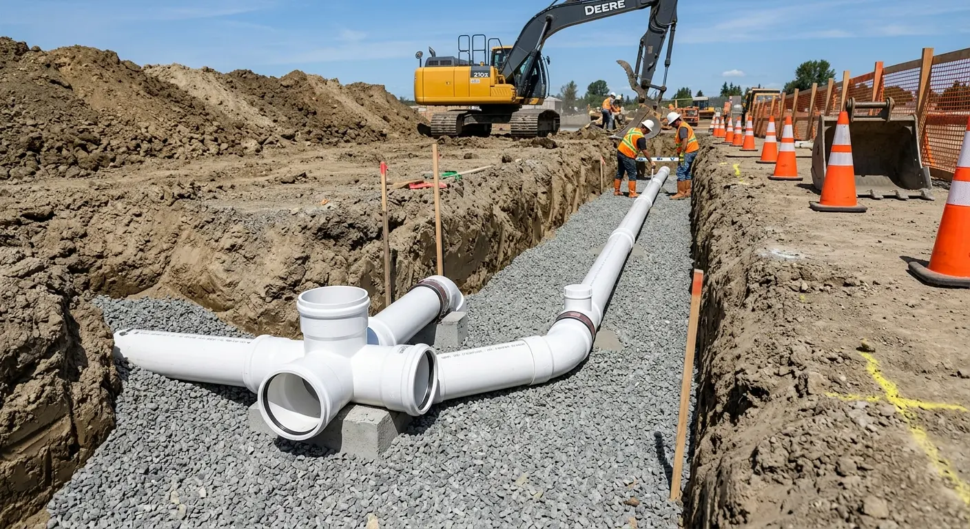 New PVC sewer pipe installation in open trench for Grease Trap Cleaning in Sun Lakes