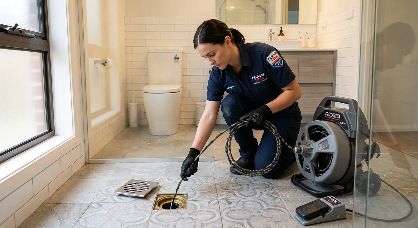 Technician clearing a bathroom floor drain for Drain Cleaning in Sun Lakes